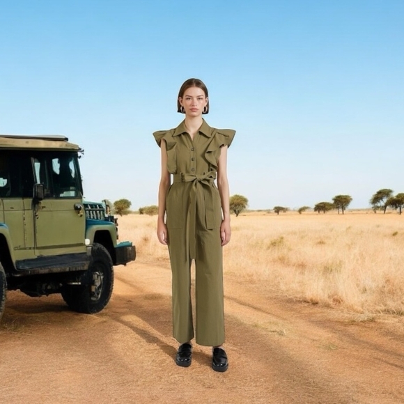 Women’s Jumpsuit EN SAISON Essie Jumpsuit ARMY GREEN Ruffle Sleeveless Jumpsuit - Picture 1 of 7